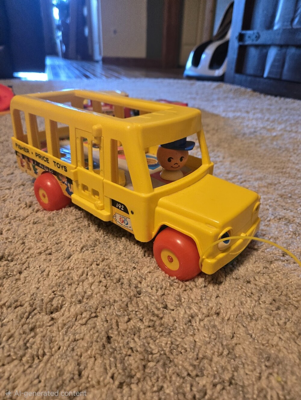 Fisher-Price Yellow Pull-Along Bus with Red Wheels and Driver Peg